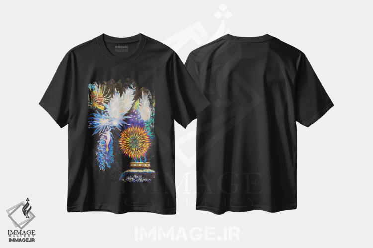 تیشرت مشکی طرح دار هنر گل آرایی ژاپنیآبی، شماره ۲، دکور معاصر اثر آیریس اسکات | فروشگاه ایماژ
