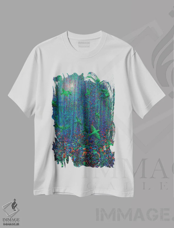 تیشرت سفید طرح دار شکوفهٔ پرمانند، دکور معاصر اثر آیریس اسکات | فروشگاه ایماژ