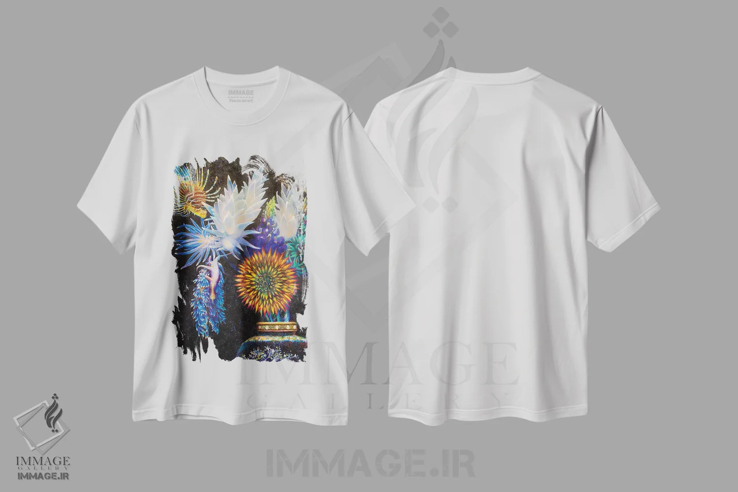 تیشرت سفید طرح دار هنر گل آرایی ژاپنیآبی، شماره ۲، دکور معاصر اثر آیریس اسکات | immage.ir
