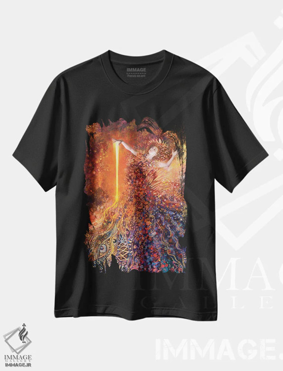 تیشرت مشکی طرح دار الههٔ آتش، دکور معاصر اثر آیریس اسکات | فروشگاه ایماژ