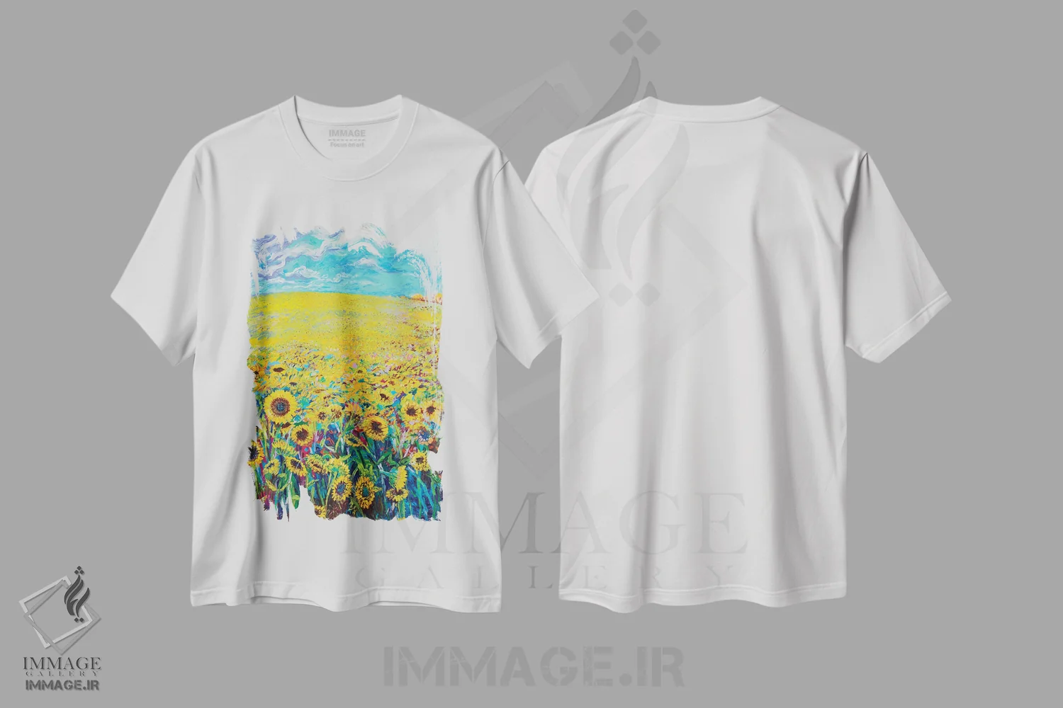تیشرت سفید طرح دار پنل اول سه لتی آفتابگردان، دکور معاصر اثر آیریس اسکات | فروشگاه ایماژ