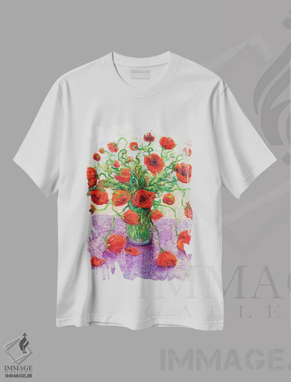 تیشرت سفید طرح دار رنگ شقایق، هنر فاخر معاصر اثر آیریس اسکات | immage.ir