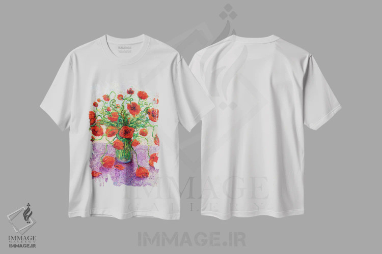 تیشرت سفید طرح دار رنگ شقایق، هنر فاخر معاصر اثر آیریس اسکات | immage.ir