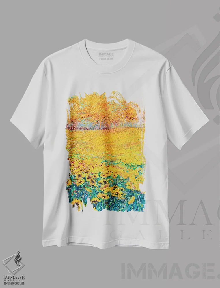 تیشرت سفید طرح دار پنل سوم سه لتی آفتابگردان، دکور معاصر اثر آیریس اسکات | فروشگاه ایماژ