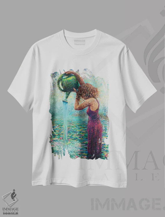 تیشرت سفید طرح دار نیلوفرهای آبی تشنه، هنر فاخر معاصر اثر آیریس اسکات | فروشگاه ایماژ