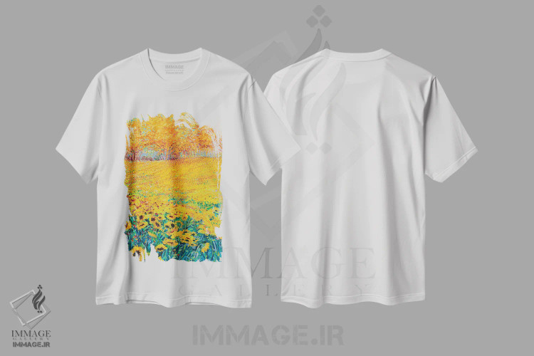 تیشرت سفید طرح دار پنل سوم سه لتی آفتابگردان، دکور معاصر اثر آیریس اسکات | فروشگاه ایماژ