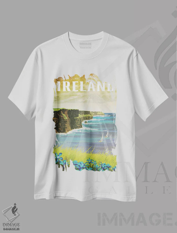 تیشرت سفید طرح دار ایرلند-صخره های موهر، هنر دیجیتال اثر میسی ایمز | فروشگاه ایماژ