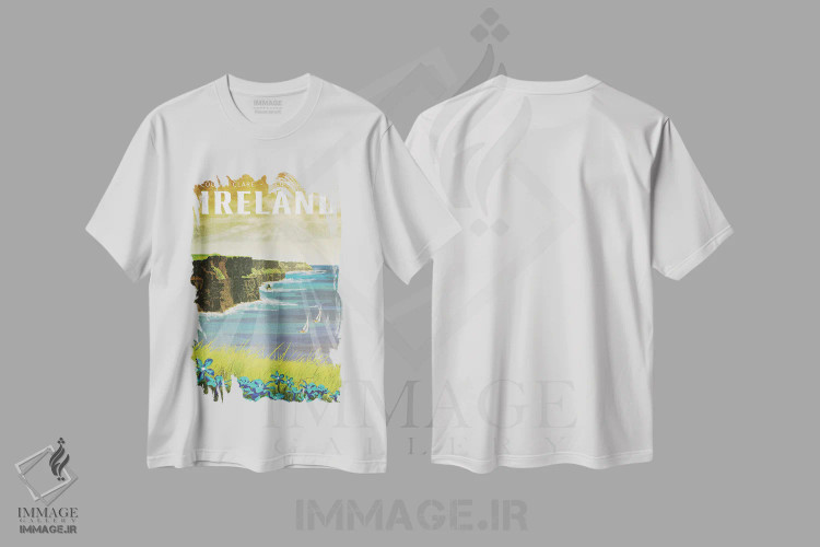 تیشرت سفید طرح دار ایرلند-صخره های موهر، هنر دیجیتال اثر میسی ایمز | فروشگاه ایماژ