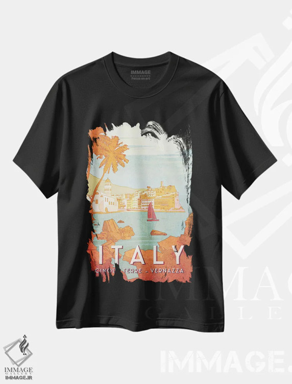 تیشرت مشکی طرح دار ایتالیا-چینکو تره، هنر دیجیتال اثر میسی ایمز | فروشگاه ایماژ