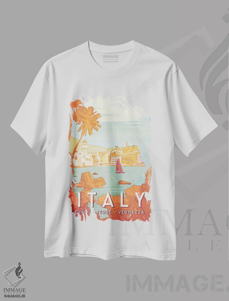 تیشرت سفید طرح دار ایتالیا-چینکو تره، هنر دیجیتال اثر میسی ایمز | immage.ir