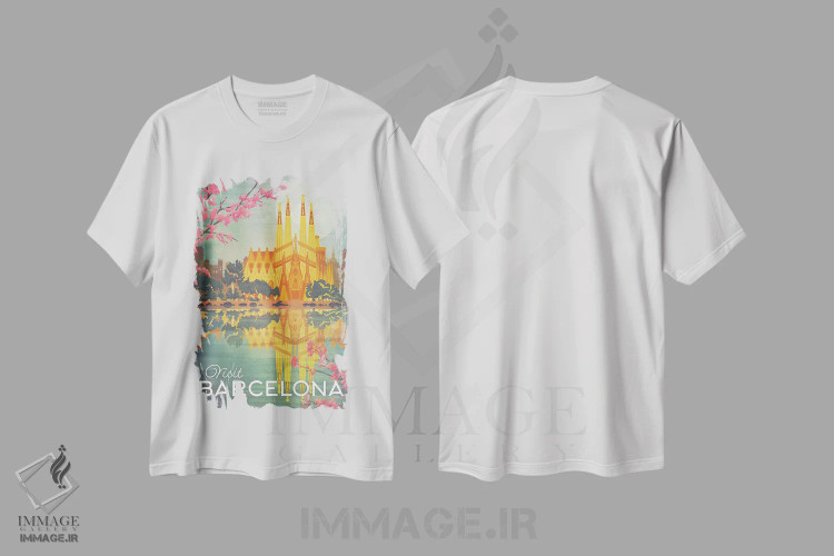 تیشرت سفید طرح دار اسپانیا-بارسلونا، هنر دیجیتال اثر میسی ایمز | فروشگاه ایماژ
