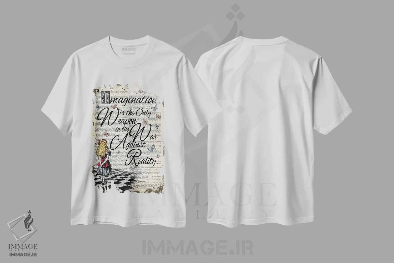تیشرت سفید طرح دار آلیس در سرزمین عجایب "تخیل تنها سلاح است"، هنر دیجیتال اثر این د فریم شاپ | immage.ir