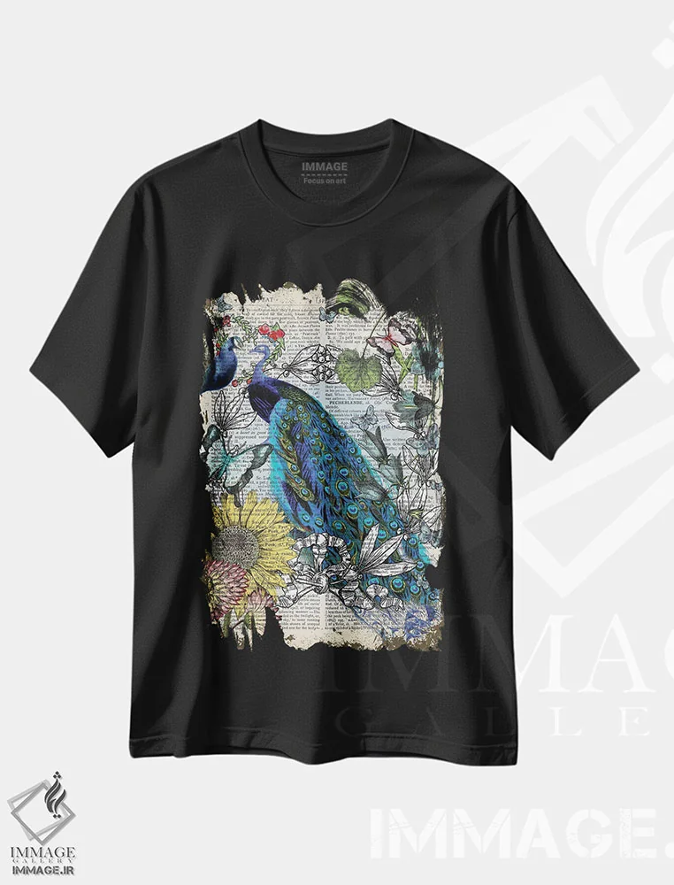 تیشرت مشکی طرح دار طاووس ها، هنر دیجیتال اثر این د فریم شاپ | فروشگاه ایماژ