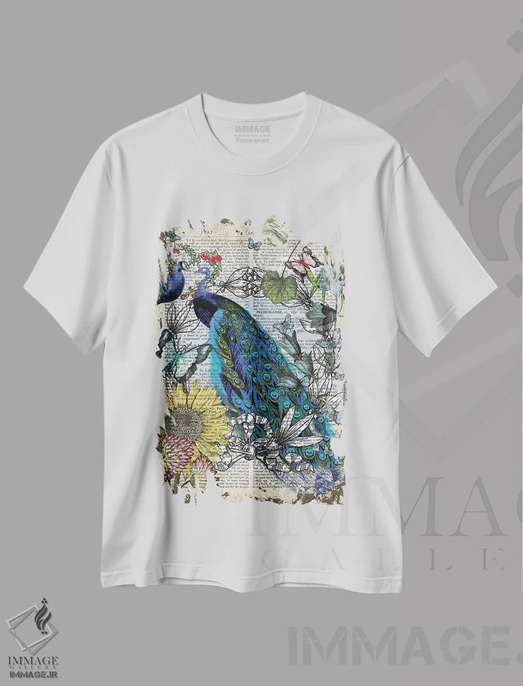 تیشرت سفید طرح دار طاووس ها، هنر دیجیتال اثر این د فریم شاپ | immage.ir