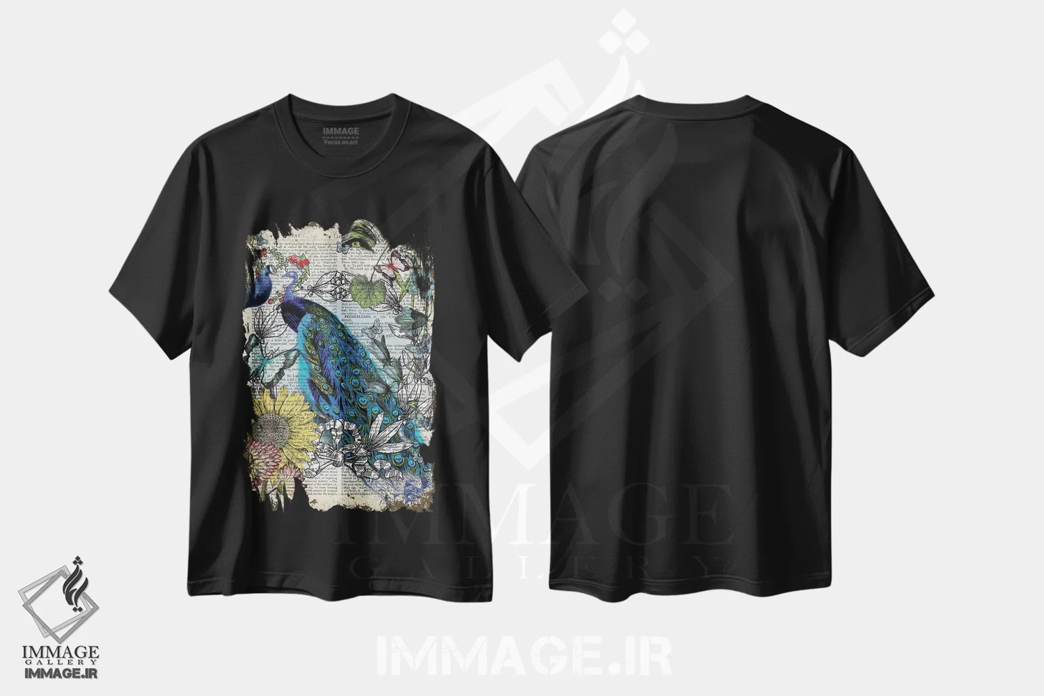 تیشرت مشکی طرح دار طاووس ها، هنر دیجیتال اثر این د فریم شاپ | فروشگاه ایماژ
