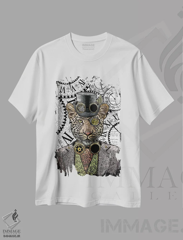 تیشرت سفید طرح دار پلنگ استیم پانک، دکوراسیون جایگزین اثر این د فریم شاپ | فروشگاه ایماژ