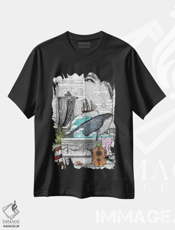 تیشرت مشکی طرح دار یک نهنگ در وان است، تزئینی اثر این د فریم شاپ | immage.ir