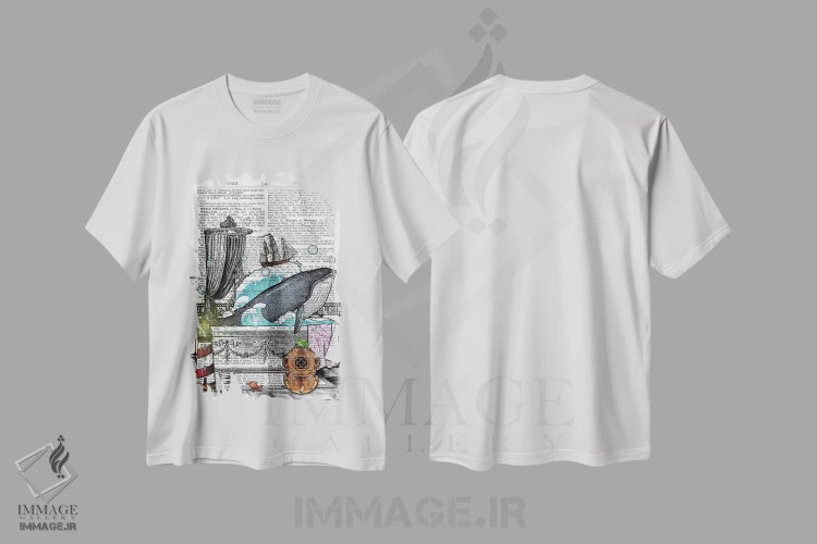 تیشرت سفید طرح دار یک نهنگ در وان است، تزئینی اثر این د فریم شاپ | فروشگاه ایماژ