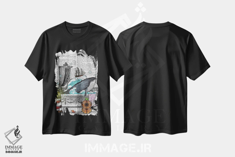 تیشرت مشکی طرح دار یک نهنگ در وان است، تزئینی اثر این د فریم شاپ | immage.ir
