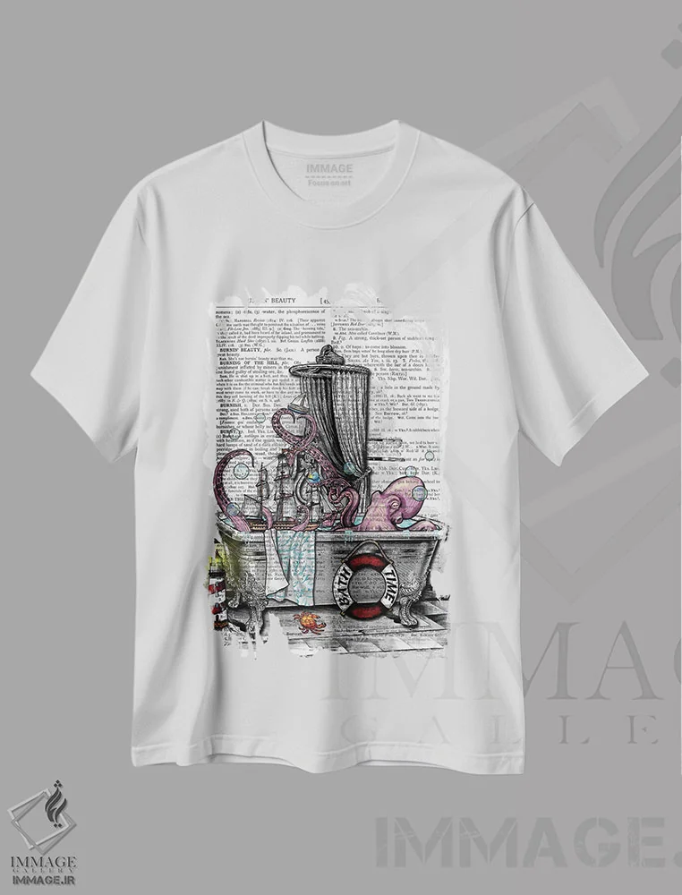 تیشرت سفید طرح دار یک هشت پا در وان است، تزئینی اثر این د فریم شاپ | immage.ir