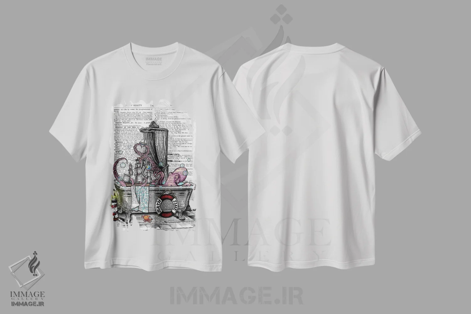تیشرت سفید طرح دار یک هشت پا در وان است، تزئینی اثر این د فریم شاپ | immage.ir