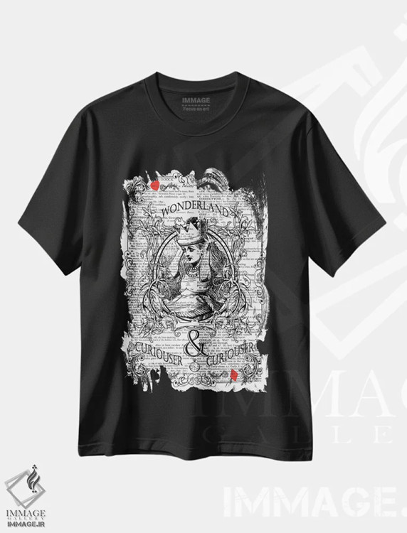 تیشرت مشکی طرح دار آلیس در سرزمین عجایب "کنجکاوتر"، هنر دیجیتال اثر این د فریم شاپ | فروشگاه ایماژ