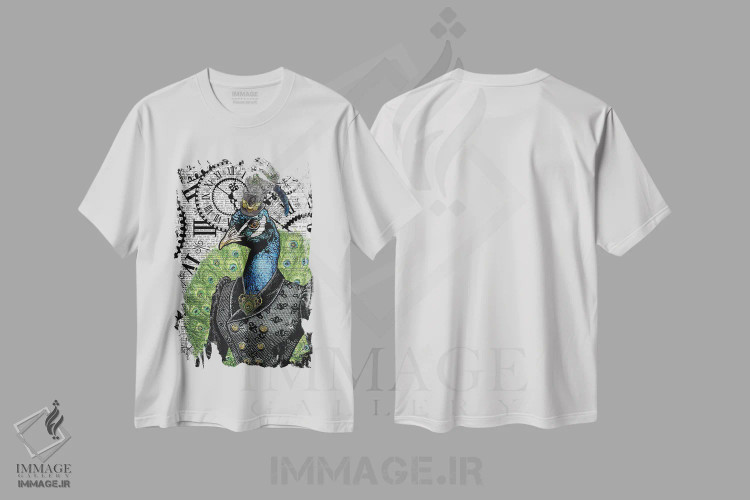 تیشرت سفید طرح دار طاووس استیم پانک، دکوراسیون جایگزین اثر این د فریم شاپ | فروشگاه ایماژ