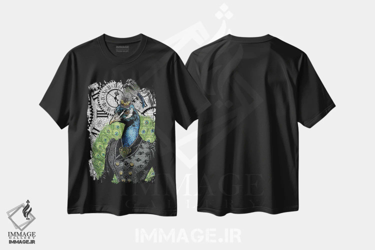 تیشرت مشکی طرح دار طاووس استیم پانک، دکوراسیون جایگزین اثر این د فریم شاپ | immage.ir