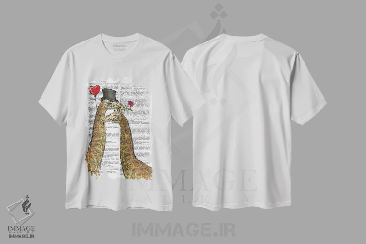 تیشرت سفید طرح دار زرافه های عاشق، هنر دیجیتال اثر این د فریم شاپ | immage.ir