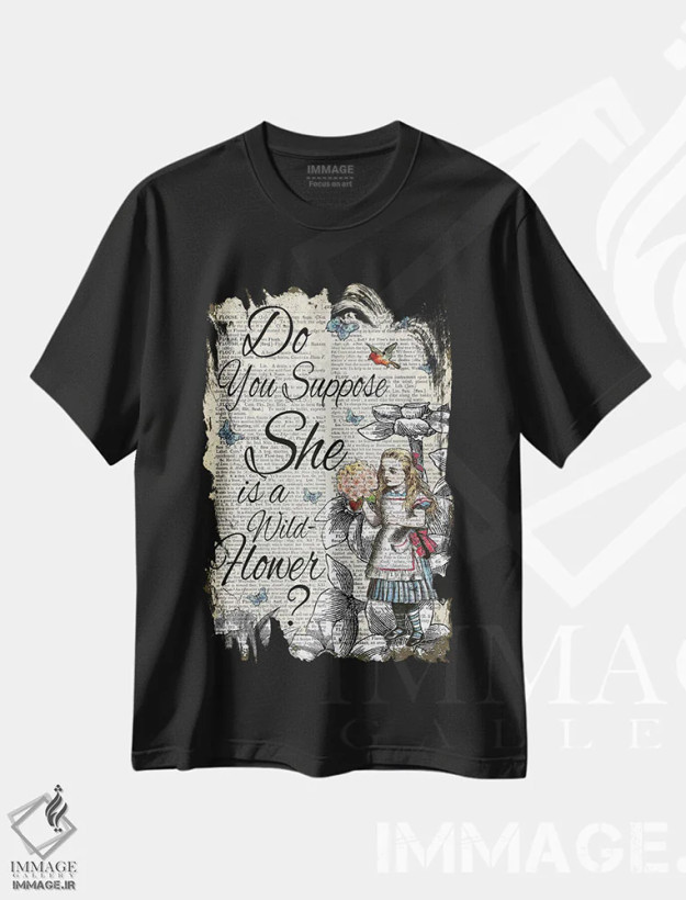 تیشرت مشکی طرح دار آلیس در سرزمین عجایب "گل وحشی"، هنر دیجیتال اثر این د فریم شاپ | فروشگاه ایماژ