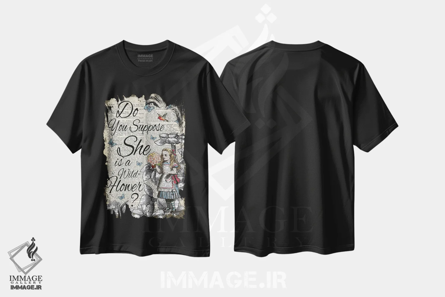 تیشرت مشکی طرح دار آلیس در سرزمین عجایب "گل وحشی"، هنر دیجیتال اثر این د فریم شاپ | فروشگاه ایماژ