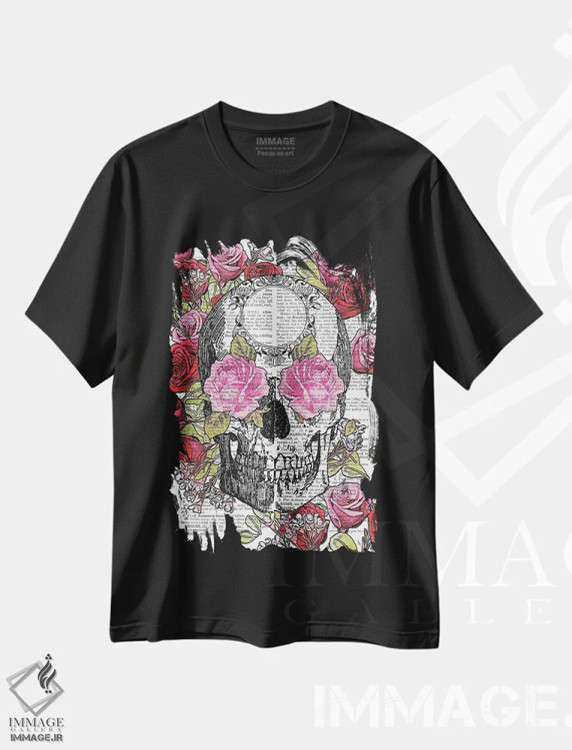 تیشرت مشکی طرح دار جمجمه و گل های رز، دکوراسیون جایگزین اثر این د فریم شاپ | فروشگاه ایماژ
