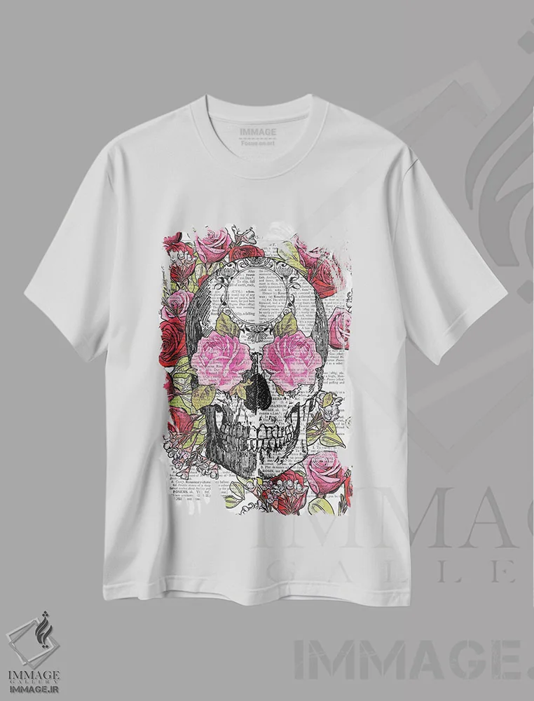 تیشرت سفید طرح دار جمجمه و گل های رز، دکوراسیون جایگزین اثر این د فریم شاپ | immage.ir