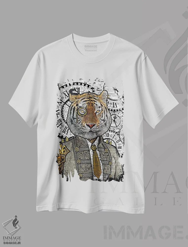 تیشرت سفید طرح دار ببر استیم پانک، دکوراسیون جایگزین اثر این د فریم شاپ | immage.ir
