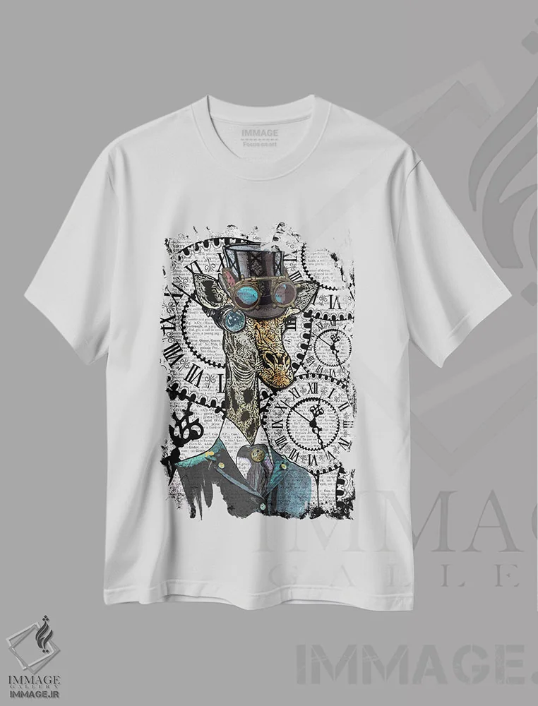 تیشرت سفید طرح دار زرافه استیم پانک، دکوراسیون جایگزین اثر این د فریم شاپ | immage.ir