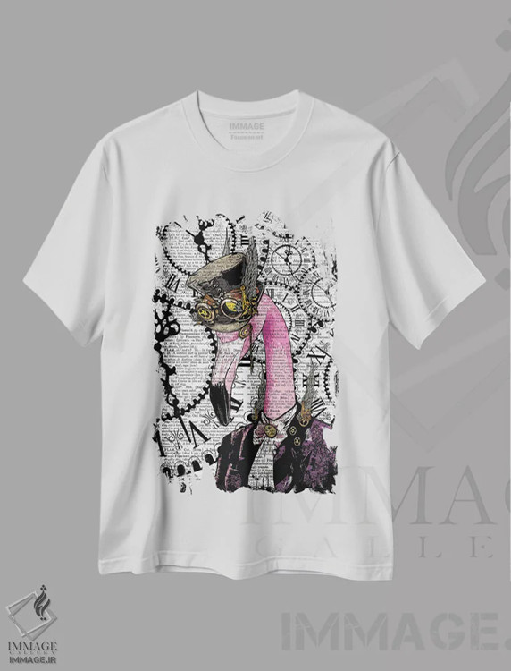 تیشرت سفید طرح دار فلامینگو استیم پانک، دکوراسیون جایگزین اثر این د فریم شاپ | فروشگاه ایماژ