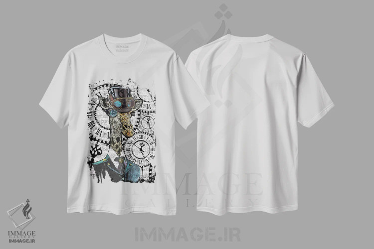 تیشرت سفید طرح دار زرافه استیم پانک، دکوراسیون جایگزین اثر این د فریم شاپ | immage.ir