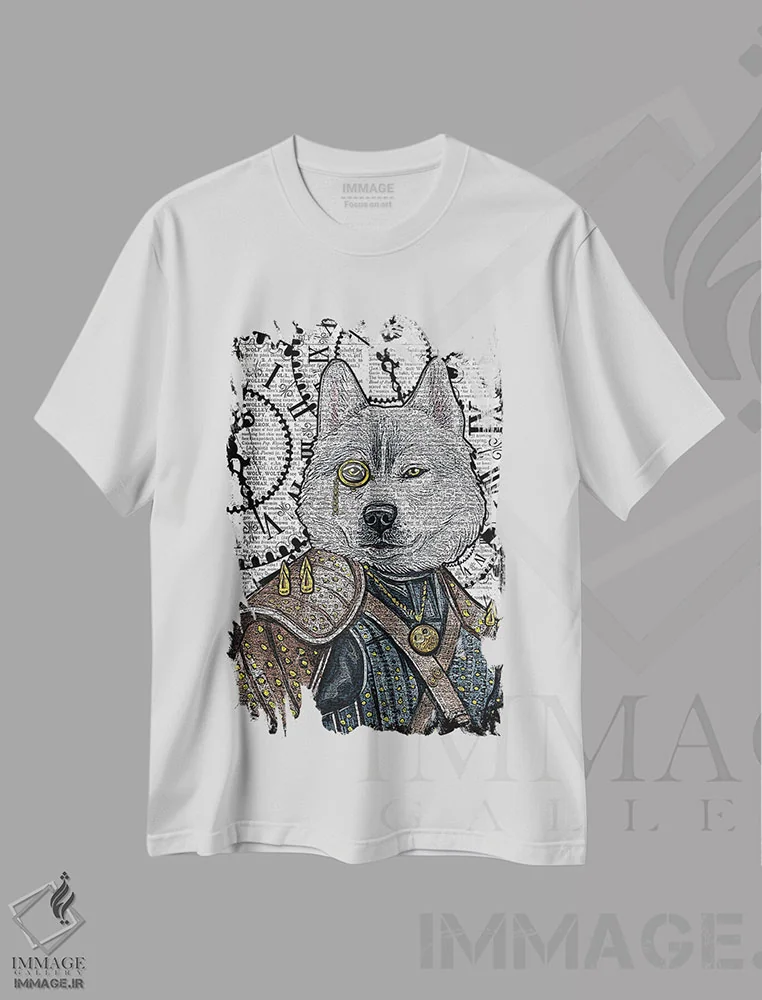 تیشرت سفید طرح دار گرگ استیم پانک، دکوراسیون جایگزین اثر این د فریم شاپ | immage.ir