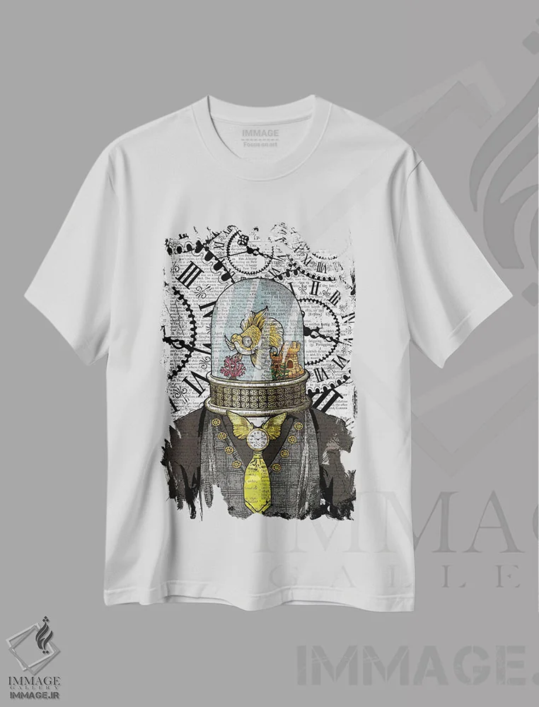 تیشرت سفید طرح دار ماهی طلایی استیم پانک، دکوراسیون جایگزین اثر این د فریم شاپ | immage.ir