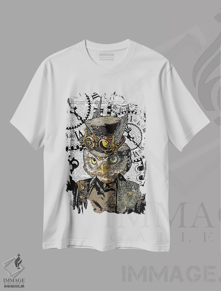 تیشرت سفید طرح دار جغد استیم پانک، دکوراسیون جایگزین اثر این د فریم شاپ | فروشگاه ایماژ