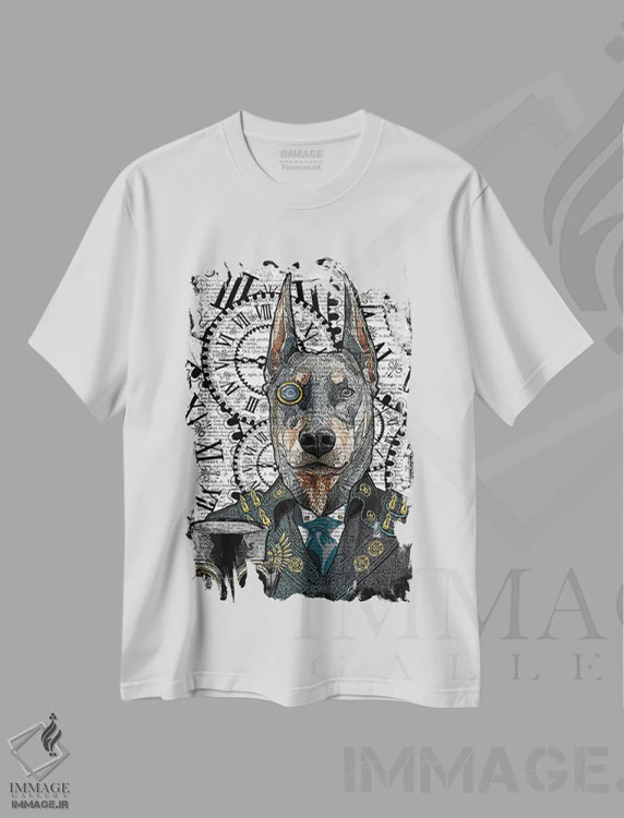 تیشرت سفید طرح دار دوبرمن استیم پانک، دکوراسیون جایگزین اثر این د فریم شاپ | فروشگاه ایماژ