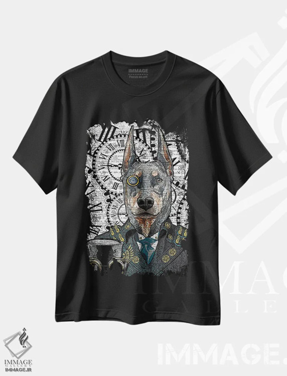 تیشرت مشکی طرح دار دوبرمن استیم پانک، دکوراسیون جایگزین اثر این د فریم شاپ | immage.ir