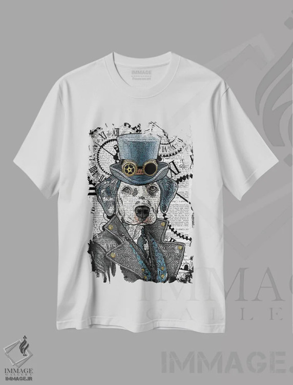 تیشرت سفید طرح دار دالماتین استیم پانک، دکوراسیون جایگزین اثر این د فریم شاپ | فروشگاه ایماژ