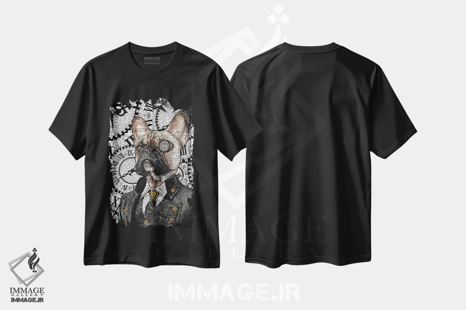 تیشرت مشکی طرح دار بولداگ فرانسوی استیم پانک، دکوراسیون جایگزین اثر این د فریم شاپ | فروشگاه ایماژ