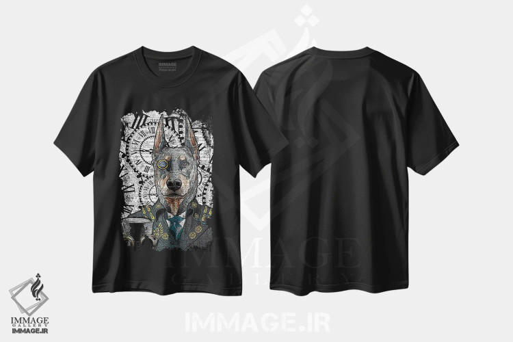 تیشرت مشکی طرح دار دوبرمن استیم پانک، دکوراسیون جایگزین اثر این د فریم شاپ | immage.ir