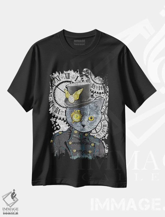 تیشرت مشکی طرح دار گربه آبی استیم پانک، دکوراسیون جایگزین اثر این د فریم شاپ | فروشگاه ایماژ