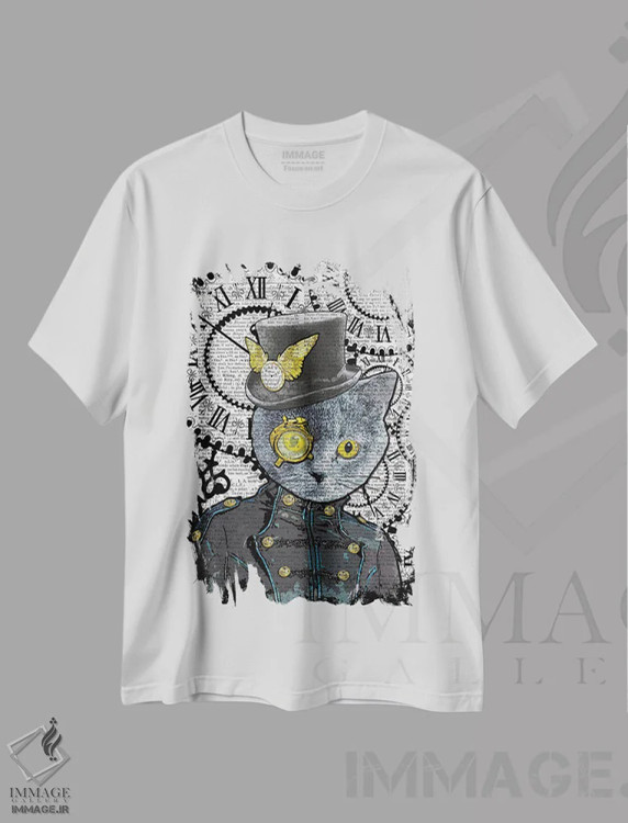 تیشرت سفید طرح دار گربه آبی استیم پانک، دکوراسیون جایگزین اثر این د فریم شاپ | immage.ir