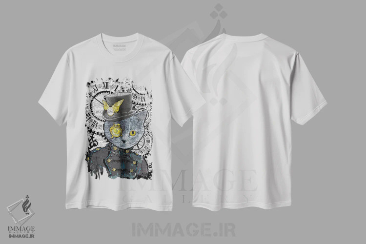 تیشرت سفید طرح دار گربه آبی استیم پانک، دکوراسیون جایگزین اثر این د فریم شاپ | immage.ir