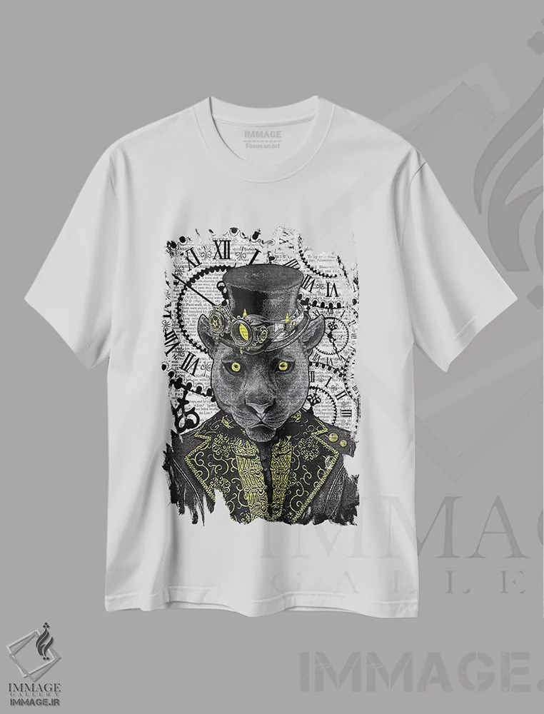 تیشرت سفید طرح دار پلنگ سیاه استیم پانک، دکوراسیون جایگزین اثر این د فریم شاپ | فروشگاه ایماژ