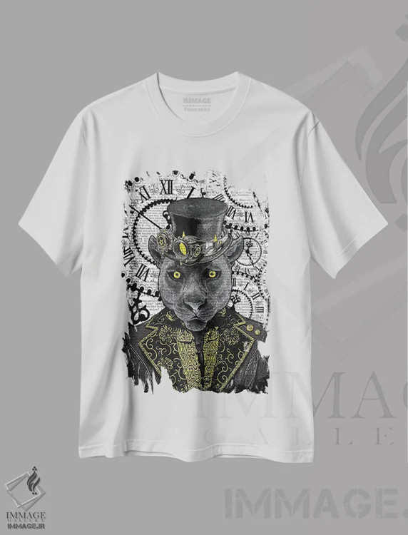 تیشرت سفید طرح دار پلنگ سیاه استیم پانک، دکوراسیون جایگزین اثر این د فریم شاپ | فروشگاه ایماژ